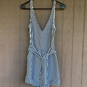 Zara Navy/ White Stripped Ruffled Bottom Romper
